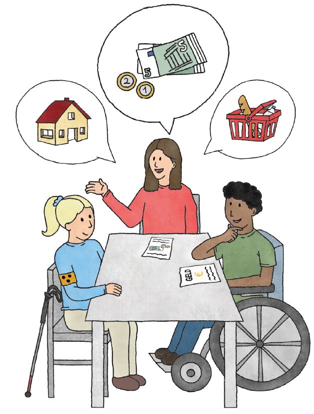 Die Zeichnung zeigt 3 Personen rund um einen Tisch. Darauf liegen Unterlagen zum Thema Geld. Die Personen unterhalten sich darüber.